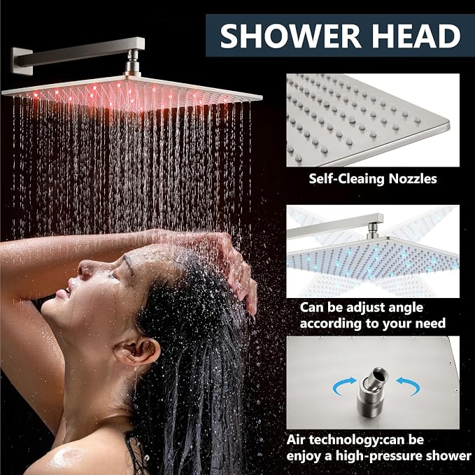 Aolemi Shower Faucet Set with Handheld Spray High Pressure Shower System Shower Faucets Sets Complete Rough-in Valve and Shower Trim Kit Wall Mount Rainfall 16 Inch LED Shower Head Brushed Nickel - Image 3