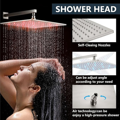 Aolemi Shower Faucet Set with Handheld Spray High Pressure Shower System Shower Faucets Sets Complete Rough-in Valve and Shower Trim Kit Wall Mount Rainfall 16 Inch LED Shower Head Brushed Nickel - Image 3