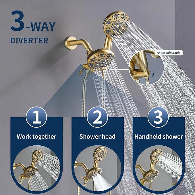 Tub and Shower Faucet Set Complete Dual Shower Head and Handheld 2 in 1 Combo Set Shower System with Tub Spout Tub and Shower Trim Kit Brushed Gold - Image 5