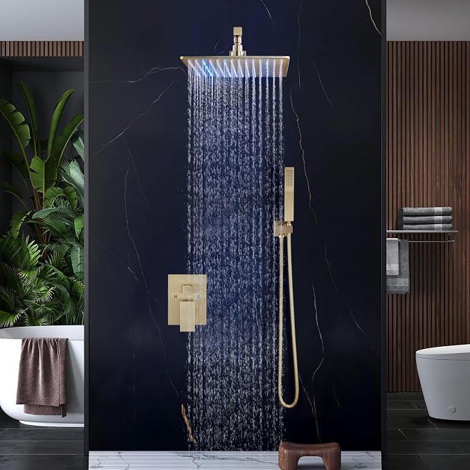 Aolemi Shower Faucet Set with Handheld Spray High Pressure Shower System Shower Faucets Sets Complete Rough-in Valve and Shower Trim Kit Wall Mount Rainfall 10 Inch LED Shower Head Brushed Gold - Image 8