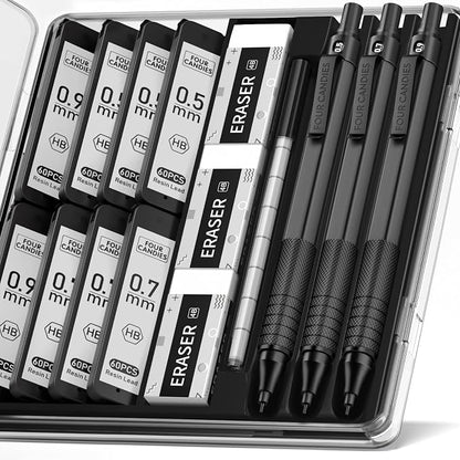 Four Candies Metal Mechanical Pencil Set, 3 Erasers, 9 Eraser Refills by FourCandies