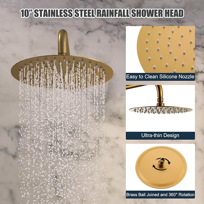 MONDAWE Round Shower Faucets Sets Complete with Tub Spout, Wall Mounted Shower System 10 Inch Rainfall Shower Head with Handheld Combo, Brushed Gold High Pressure Shower Faucet Set - Image 7