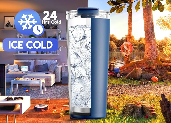 Meoky 24 oz Travel Coffee Mug with Leak-proof Lid, Stainless Steel Insulated Coffee Tumbler, Keeps Hot for 8 Hours or Cold for 24 Hours, Fits in Car Cup Holder (Sea) - Image 4