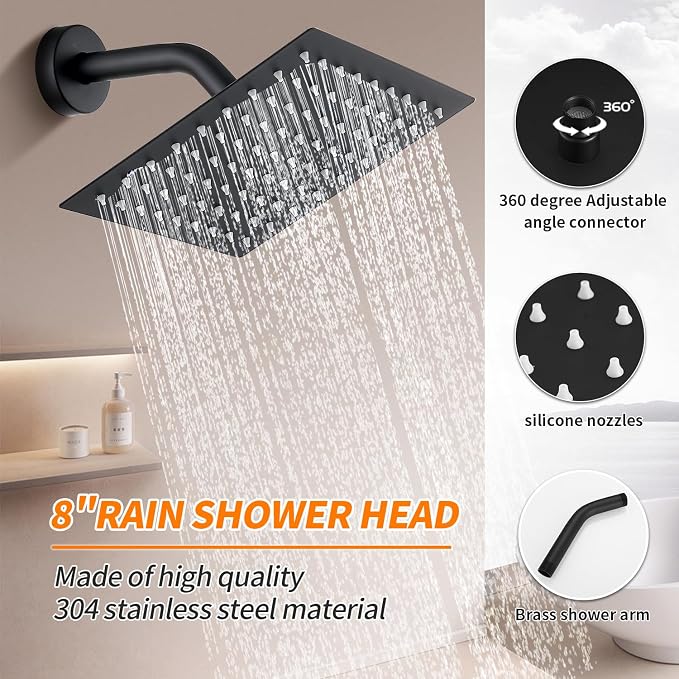 Black Tub Shower Faucet Set Complete with 8-Inch Rainfall Shower Head and Tub Spout Included Shower Valve Tub Shower Trim Kit Matte Black - Image 4