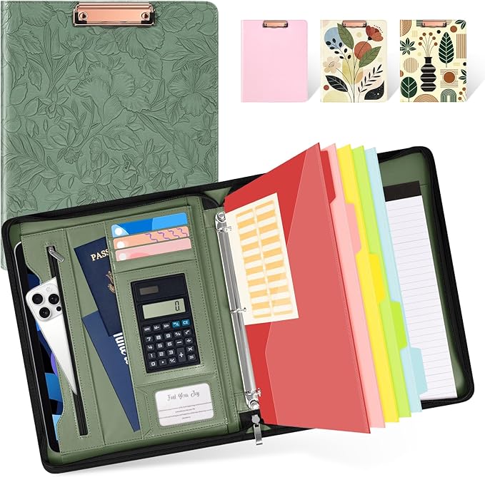 Ospelelf Green Leather Portfolio Binder 3 Ring, Zippered Clipboard Folder by OspelelfOfficeSupplies
