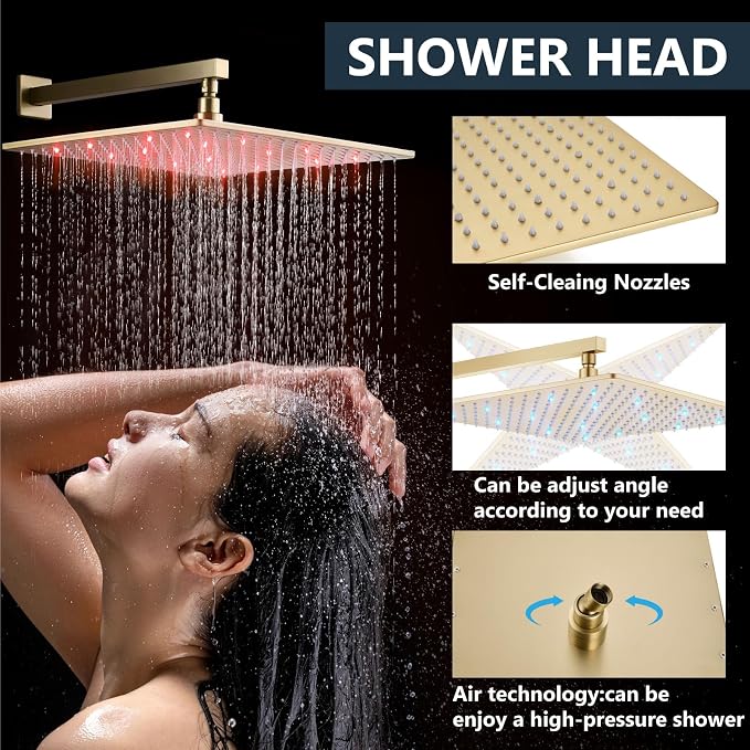 Aolemi Shower Faucet Set with Handheld Spray High Pressure Shower System Shower Faucets Sets Complete Rough-in Valve and Shower Trim Kit Wall Mount Rainfall 16 Inch LED Shower Head Brushed Gold - Image 3