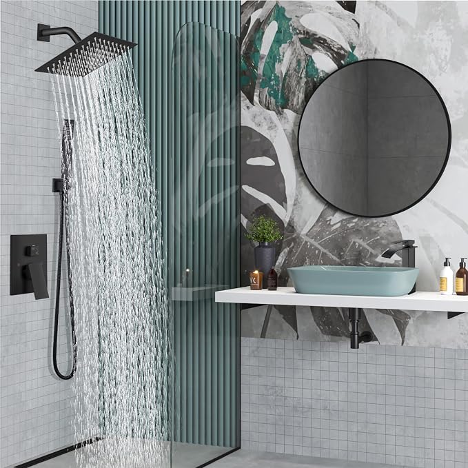 Midanya Shower Faucet Set,Wall Mount Shower System with Square Rain Shower Head and Hand Sprayer, Rough-in Valve Body and Trim Kit Included,8 Inch,Matte Black - Image 2