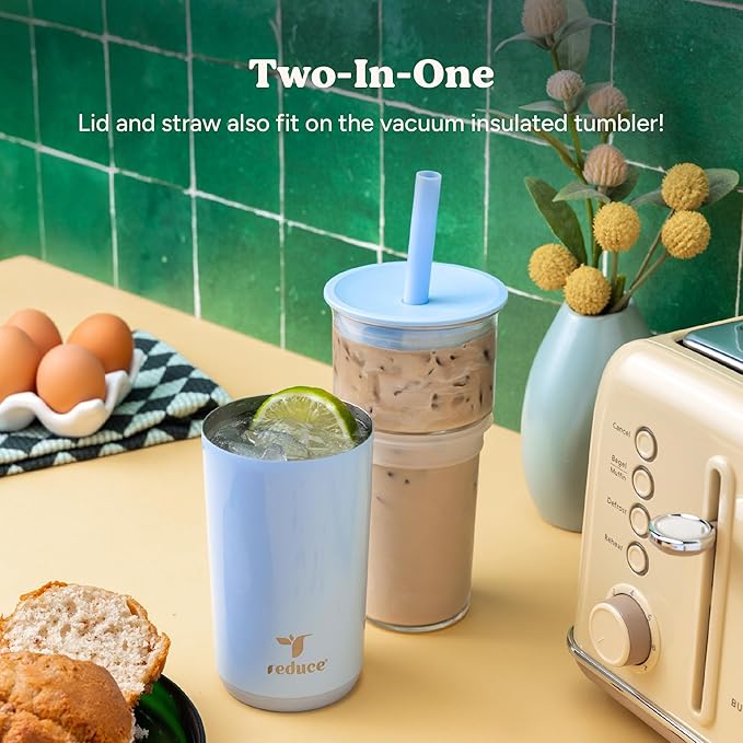 REDUCE Aspen 20 oz Vacuum Insulated Glass Tumbler with Lid & Extra Wide Straw - Keeps Drinks Cold for 12 Hrs - Ideal for Iced Coffee, Smoothies & Boba - Dishwasher Safe, Soft Base - French Vanilla - Image 4
