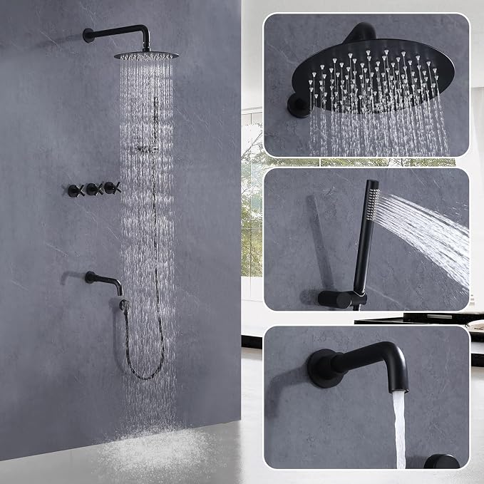RBROHANT Matte Black Shower System with Tub Spout, Brass Bathtub Shower Faucet Set with 3 Way Rough-in Valve,10 Inch Round Shower Head Set with Tub Spout and Handheld, JK0300 - Image 3