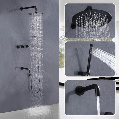 RBROHANT Matte Black Shower System with Tub Spout, Brass Bathtub Shower Faucet Set with 3 Way Rough-in Valve,10 Inch Round Shower Head Set with Tub Spout and Handheld, JK0300 - Image 3