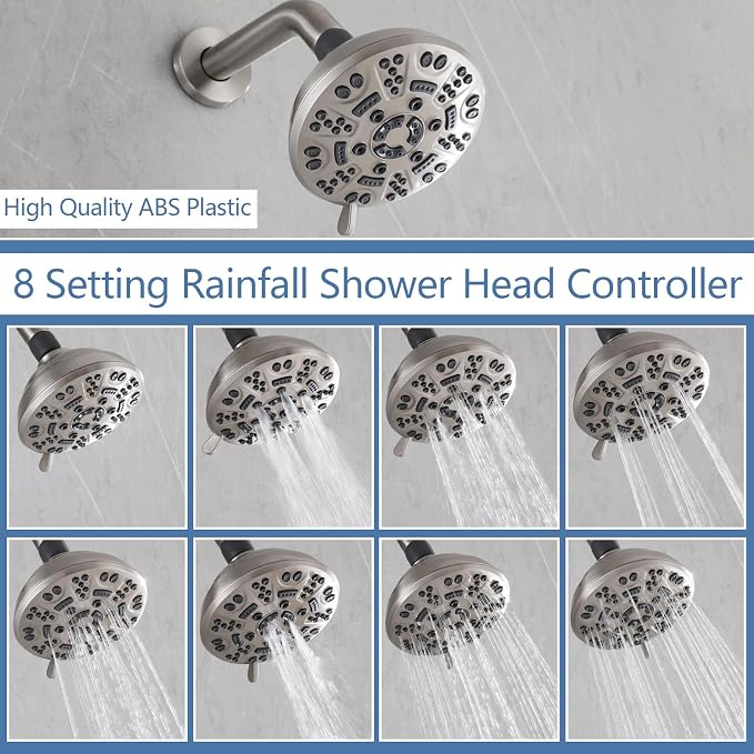 2 Handle Shower Faucet,Wall Mounted Two Handles Shower Faucet Set with 8 Modes Rainfall Shower Head,2 Knobs Single Function Shower Trim Kit with Rough-in Valve,Brushed Nickel - Image 5
