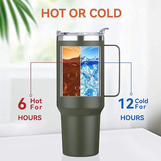 HASLE OUTFITTERS 40 oz Stainless Steel Tumbler with Handle, Vacuum Insulated Tumblers Bulk, Reusable Double Wall Travel Coffee Mug, Durable Powder Coated Water Bottle(Army Green, 1) - Image 2