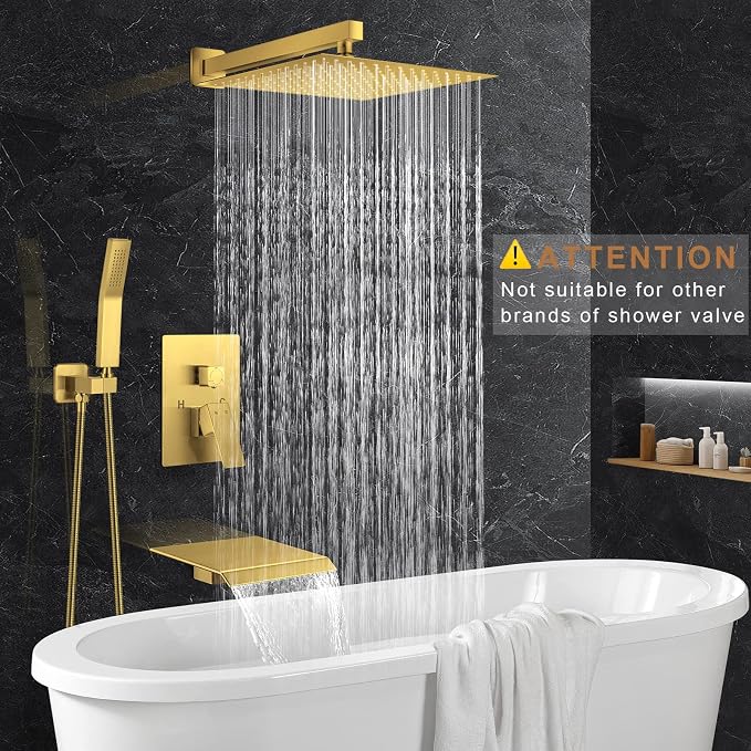 JOMEOO® 10 Inch Brushed Gold Shower Head with Tub Spout, 3 Function Wall Mounted Bathtub Shower Faucet Set, Bathroom High Pressure Rain Shower Head with Handheld Sprayer Rough in Valve Body and Trim - Image 2