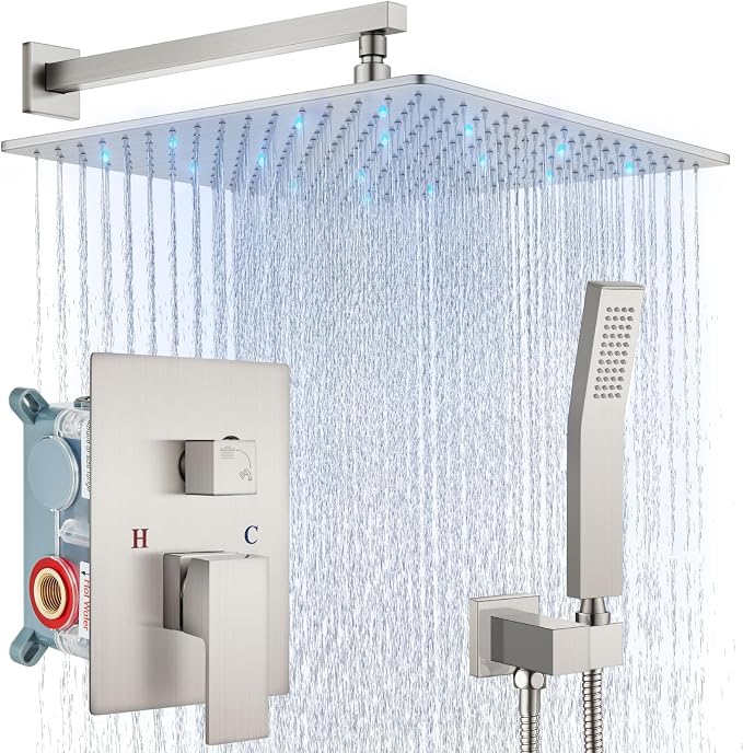 Aolemi Shower Faucet Set with Handheld Spray High Pressure Shower System Shower Faucets Sets Complete Rough-in Valve and Shower Trim Kit Wall Mount Rainfall 16 Inch LED Shower Head Brushed Nickel by Aolemi
