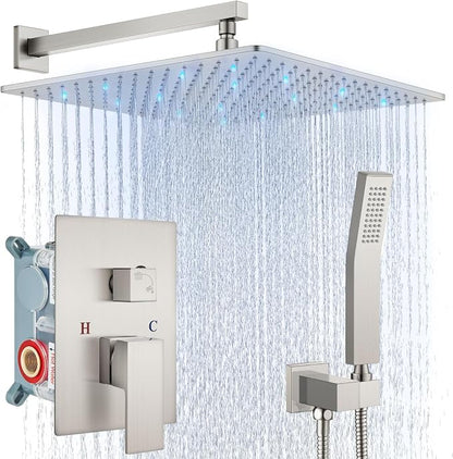 Aolemi Shower Faucet Set with Handheld Spray High Pressure Shower System Shower Faucets Sets Complete Rough-in Valve and Shower Trim Kit Wall Mount Rainfall 16 Inch LED Shower Head Brushed Nickel by Aolemi