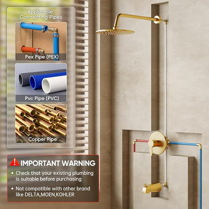 Tub Shower Faucet Set, Tub and Shower Trim Kit with 10 Inch High-Pressure Rian Shower Head,Shower Head and Handle Set, Brushed Gold - Image 7