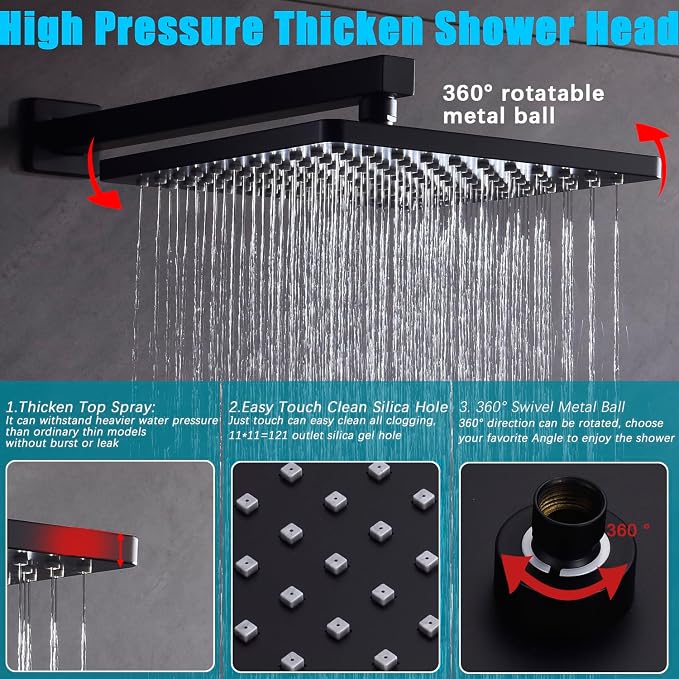 Shower System with Tub Spout 10 Inch Overhead Shower 4 Setting Handheld Spray Rough In Pressure Balance Valve Body with Trim Kit Wall Mounted Rainfall Bathtub Shower Faucet Set (Matte Black) - Image 4
