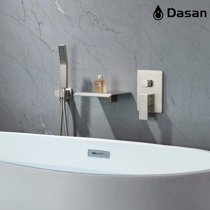 Upgraded Wall Mount Tub Filler Faucet with Handheld Shower, DASAN Modern Wall Mounted Bathtub Faucet Brushed Nickel High Flow Waterfall Tub Faucet with Rough in Valve, SA-TF04WH-BN - Image 5