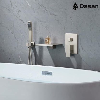 Upgraded Wall Mount Tub Filler Faucet with Handheld Shower, DASAN Modern Wall Mounted Bathtub Faucet Brushed Nickel High Flow Waterfall Tub Faucet with Rough in Valve, SA-TF04WH-BN - Image 5