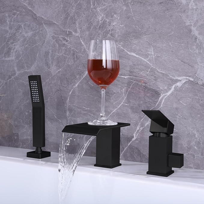 Waterfall Roman Tub Faucet with Hand Shower Matte Black 3 Hole Bathtub Faucet with Sprayer Deck Mount Bath Tub Filler Set - Image 4