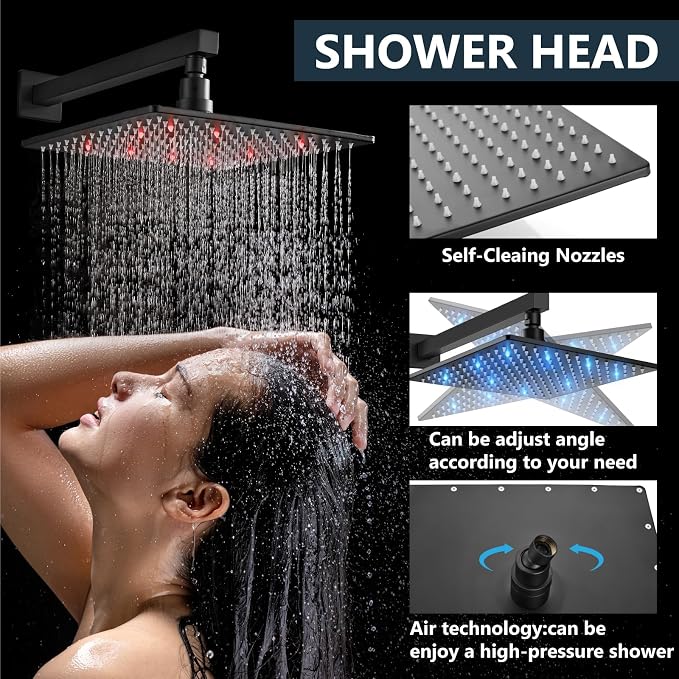 Aolemi Shower Faucet Set with Handheld Spray High Pressure Shower System Shower Faucets Sets Complete Rough-in Valve and Shower Trim Kit Wall Mount Rainfall 10 Inch LED Shower Head Matte Black - Image 3