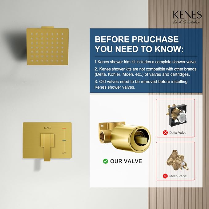 KENES Brushed Gold Shower Faucet, Modern Square 6-Inch Shower Head and Handle Set, Bathroom Rainfall Shower System Wall Mount, KE-6025B-4 (Including Shower Valve) - Image 3