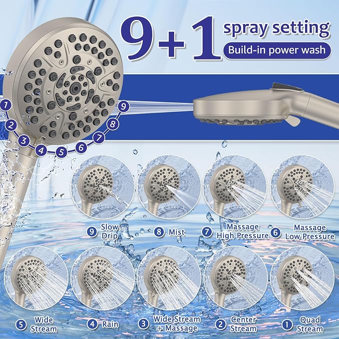 Iriber Brushed Nickel Round Rain Shower System Faucet Set，Bathroom Filtered Shower Head with Handheld, 9 Spray Mode Showerhead with Filters,Shower Valve Trim Kit Contain Cartridge,10 Inch - Image 7