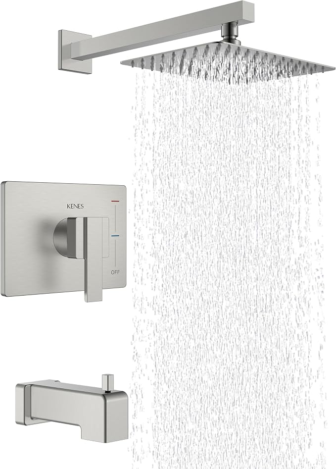 KENES Brushed Nickel Tub Shower Faucet Set Complete, Tub and Shower Trim Kit with 10-Inch Rain Shower Head, Square Shower System, KE-6024A (Shower Valve Included) by KENESBathroomKitchen