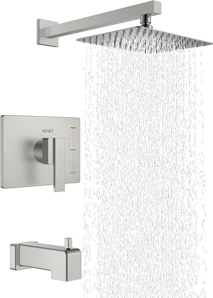 KENES Brushed Nickel Tub Shower Faucet Set Complete, Tub and Shower Trim Kit with 10-Inch Rain Shower Head, Square Shower System, KE-6024A (Shower Valve Included) by KENESBathroomKitchen