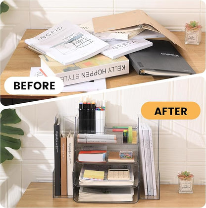 CiWiVOKi Desk Organizer with 2 Vertical File Holder, 4 Tier Stackable Paper - Image 7