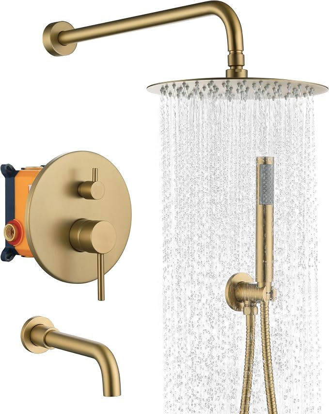 MONDAWE Round Shower Faucet Set with Tub Spout, Wall Mounted Shower System 10 Inch Rainfall Shower Head with Handheld Combo, Brushed Gold High Pressure Shower Faucets Sets Complete by MONDAWE