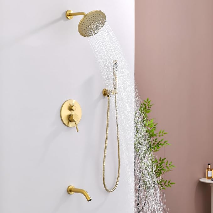 Shower System with Tub Spout, Gold Bathtub Shower Faucet Set, 8" Rain Shower Head and Handheld Spray Combo, Round Shower Head and Handle Set with Tub Spout (Valve Included), Brushed Gold - Image 2