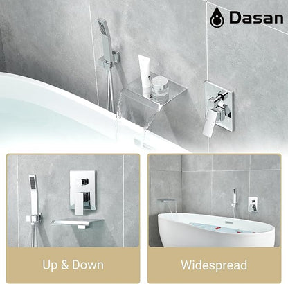 Upgraded Wall Mount Tub Filler Faucet with Handheld Shower, DASAN Modern Wall Mounted Bathtub Faucet Chrome High Flow Waterfall Tub Faucet with Rough in Valve, SA-TF04WH-PC - Image 3