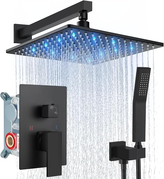 Aolemi Shower Faucet Set with Handheld Spray High Pressure Shower System Shower Faucets Sets Complete Rough-in Valve and Shower Trim Kit Wall Mount Rainfall 12 Inch LED Shower Head Matte Black by Aolemi