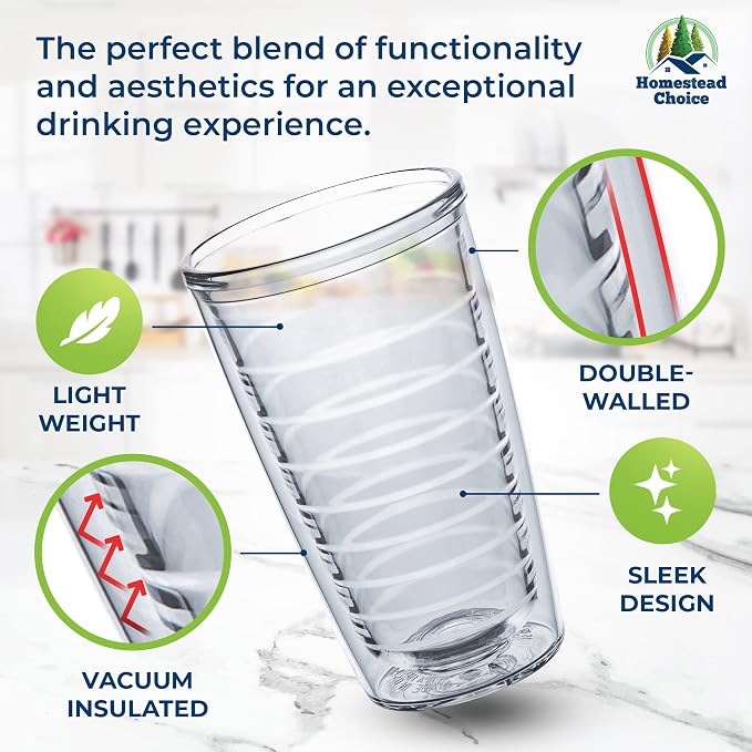 Homestead Choice 16oz Insulated Tumblers Plastic Keeps Drinks Cold & Hot, 4pack Double Walled Clear Insulated Drinking Glasses Cup, BPA-Free, Reusable, Camping, Travel, Kitchen, Party - Image 4