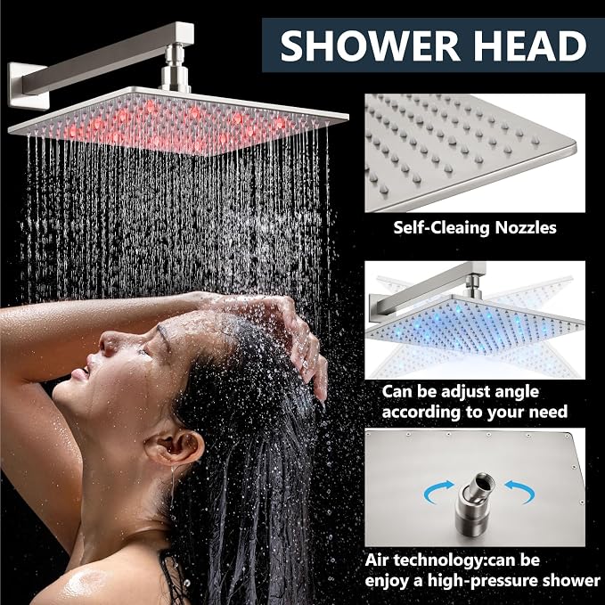 Aolemi Shower Faucet Set with Handheld Spray High Pressure Shower System Shower Faucets Sets Complete Rough-in Valve and Shower Trim Kit Wall Mount Rainfall 12 Inch LED Shower Head Brushed Nickel - Image 3