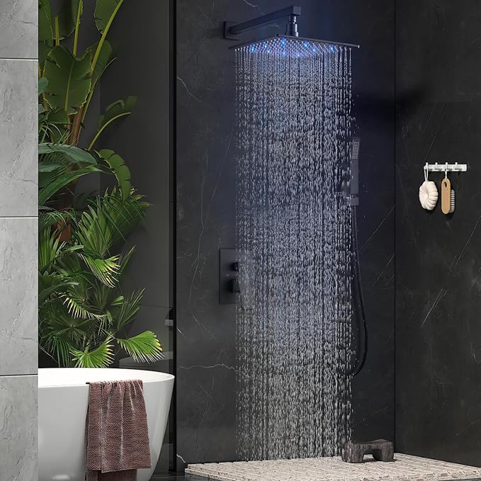 Aolemi Shower Faucet Set with Handheld Spray High Pressure Shower System Shower Faucets Sets Complete Rough-in Valve and Shower Trim Kit Wall Mount Rainfall 10 Inch LED Shower Head Matte Black - Image 4