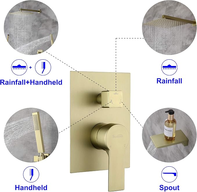 SHAMANDA Shower System with Waterfall Tub Spout and Handheld Shower Head, 12" Rain Shower Faucet Sets Complete with Shower Round-in Valve and Trim Wall Mount, Brushed Gold, L101-3 - Image 3