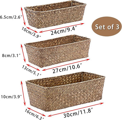 3 Natural Wicker Basket Set Rectangular Handwoven Seagrass Basket Storage Bins - Image 2