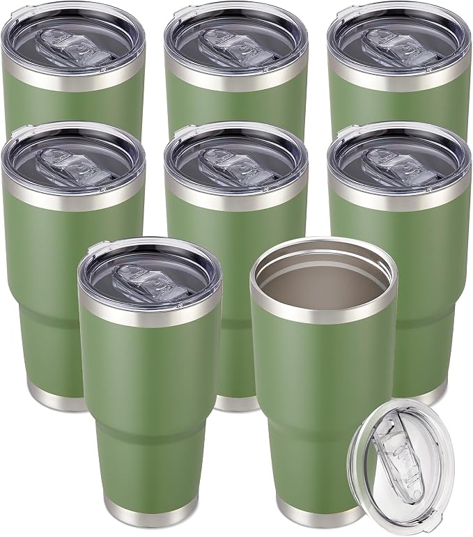 30 oz Tumbler with Lid Stainless Steel Tumblers Bulk Vacuum Insulated Cup Reusable Powder Coated Travel Mug Double Wall Leak Proof Cups Keep Cold Drinks for 12 Hours Army Green, Set of 8 by CoolYoleb