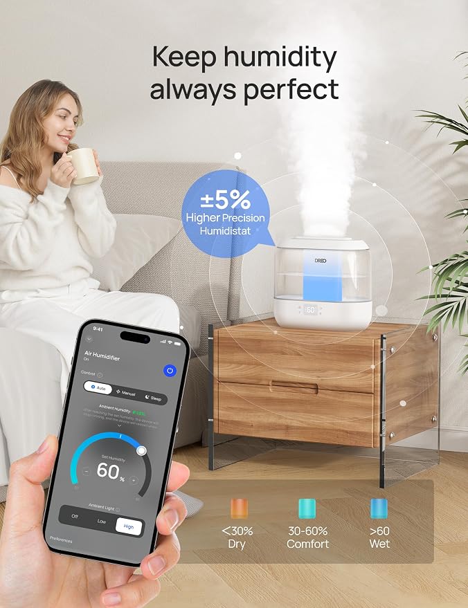 Dreo Smart Humidifiers for Bedroom, Top Fill 4L Supersized Humidifier Large Room with 28 dB, 36H Runtime, Touch/APP/Voice Control, Nightlight, Cool Mist Humidifiers for Baby, Plants, Indoor, White - Image 2