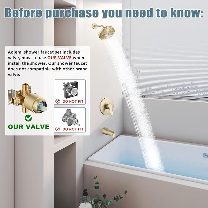 Aolemi Tub Shower Faucet Set With Valve Wall Mount Shower Trim Kit 6 Inch Bathtub Fixtures Rough-in Valve Single-Spray Shower Head System 5.3 Inch Tub Spout Brushed Gold Modern - Image 2