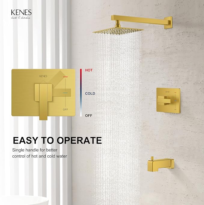 KENES Brushed Gold Tub and Shower Trim Kit, Square Tub Shower Faucet Set Complete with 10-Inch Rainfall Shower Head and Tub Spout, KE-6024A-4 (Shower Valve Included) - Image 4