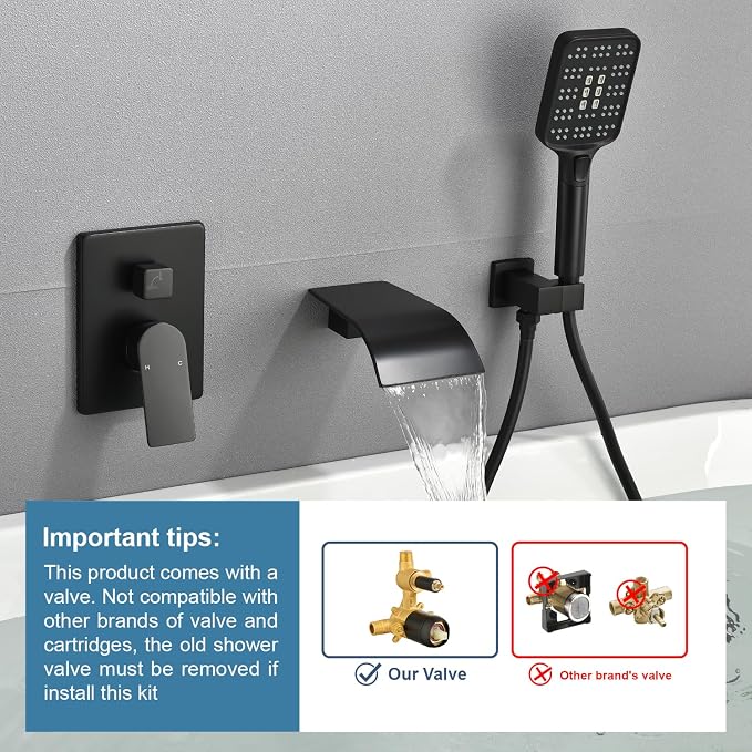Bathtub Faucet Set with Handheld Sprayer Tub Filler Faucets with Rough-in Valve Trim Kit Wall Mount Tub Faucets Matte Black - Image 2