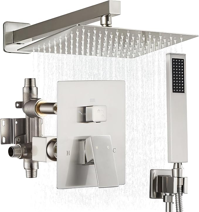 Fransiton Shower Faucet set with Shower head 10 Inches Rainfall Shower Head and Handle Set Single Handle Wall Mounted Shower System Set with Female Threads Valve Body(Brushed Nickel) - Image 8