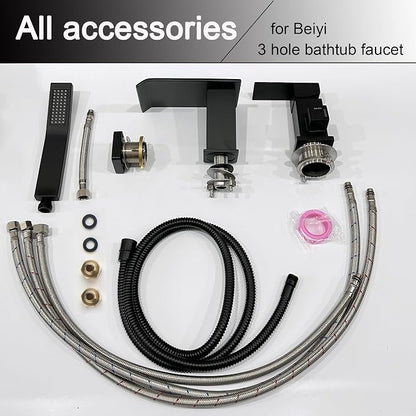 Waterfall Roman Tub Faucet with Hand Shower Matte Black 3 Hole Bathtub Faucet with Sprayer Deck Mount Bath Tub Filler Set - Image 8
