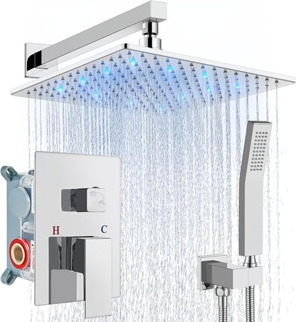 Aolemi Shower Faucet Set with Handheld Spray High Pressure Shower System Shower Faucets Sets Complete Rough-in Valve and Shower Trim Kit Wall Mount Rainfall 12 Inch LED Shower Head Polish Chrome by Aolemi
