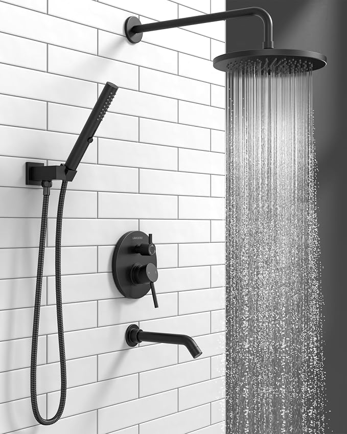 Lava Odoro Modern 3-Setting Round Rain Bathtub and Shower Faucet Set, Black Rainfall Shower Head and Handle Set, Rain Shower System with Tub Spout, Shower Valve Trim Kit, Matte Black, SF104-MB-T - Image 2