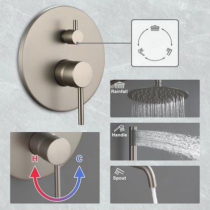 MONDAWE Round Shower Faucet Set with Tub Spout, Wall Mounted Shower System 10 Inch Rainfall Shower Head with Handheld Combo, Brushed Nickle High Pressure Shower Faucets Sets Complete - Image 5