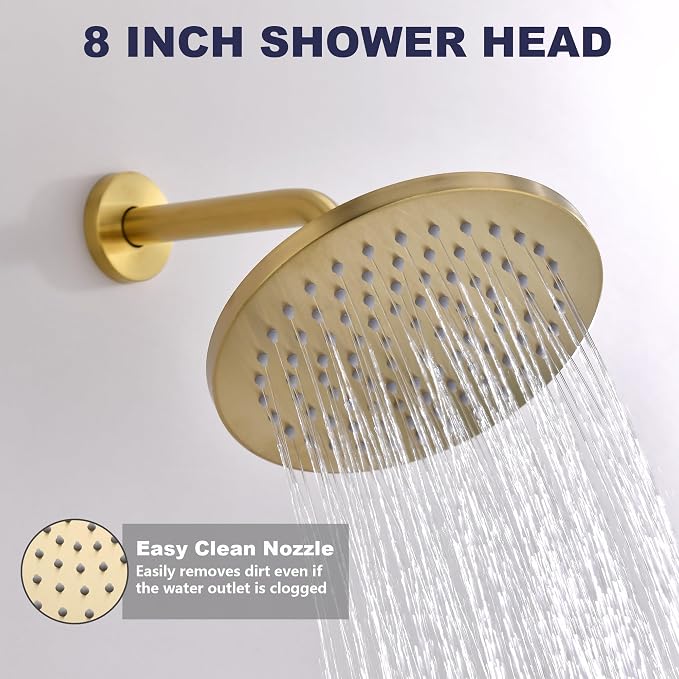 Shower System with Tub Spout, Gold Bathtub Shower Faucet Set, 8" Rain Shower Head and Handheld Spray Combo, Round Shower Head and Handle Set with Tub Spout (Valve Included), Brushed Gold - Image 5